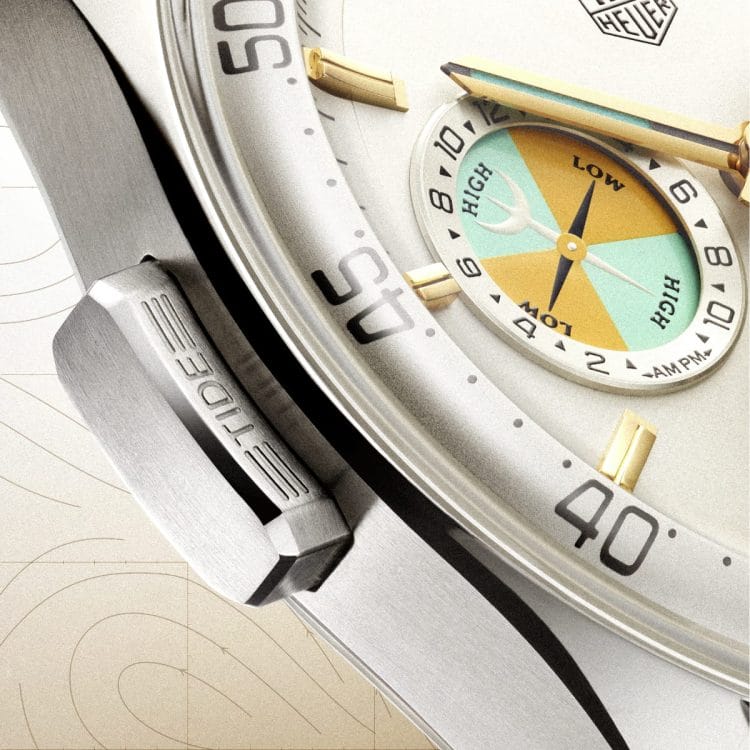 Seafarer: pulsante TIDE e indicatore di marea (dettaglio) Dettaglio TAG Heuer Carrera Chronograph Seafarer: pulsante “TIDE” e indicatore di marea con scala HIGH/LOW e colori teal.