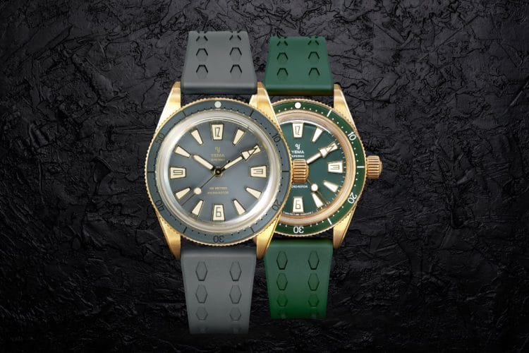 Yema Skin Diver Slim Bronze CMM.20: modello Limited Edition Faded Ghost con quadrante grigio e versione Verde su sfondo roccioso scuro.