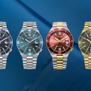 La nuova collezione Citizen Tsuyosa Shore al completo: le quattro varianti diver con impermeabilità 100 metri, lunetta girevole e lente magnificatrice sulla data.