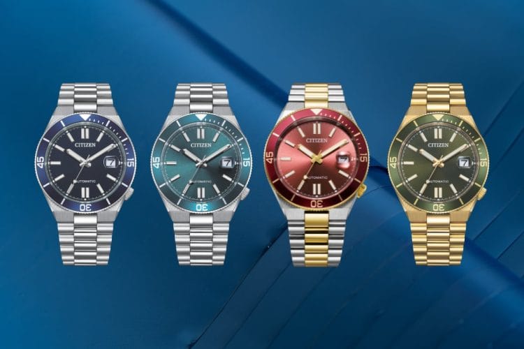 La nuova collezione Citizen Tsuyosa Shore al completo: le quattro varianti diver con impermeabilità 100 metri e lunetta girevole.