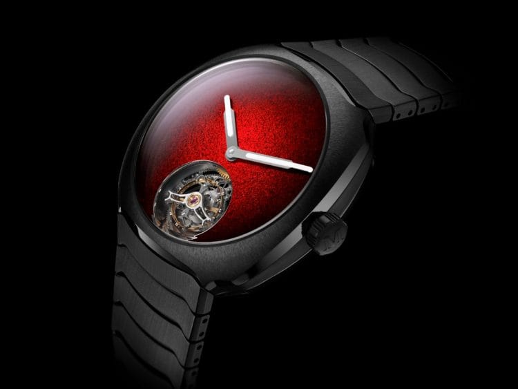 H. Moser & Cie. Streamliner Tourbillon Concept Ceramic – Ref. 6805-2100 H. Moser & Cie. Streamliner Tourbillon Concept Ceramic, cassa e bracciale integrato in ceramica grigio antracite, quadrante in smalto Grand Feu Red fumé, tourbillon volante a ore 6.