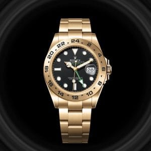 Rolex Explorer II in oro giallo su sfondo nero, previsione Rolex 2026 per Watches and Wonders.