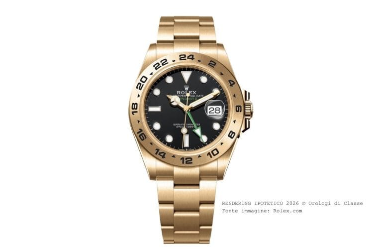 Rendering ipotetico Rolex Explorer II 2026 in oro giallo 18k con quadrante nero, previsione Orologi di Classe.