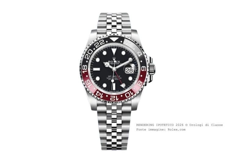 Rendering ipotetico Rolex GMT-Master II "Coke" 2026 con lunetta Cerachrom nero e rosso, previsione Orologi di Classe