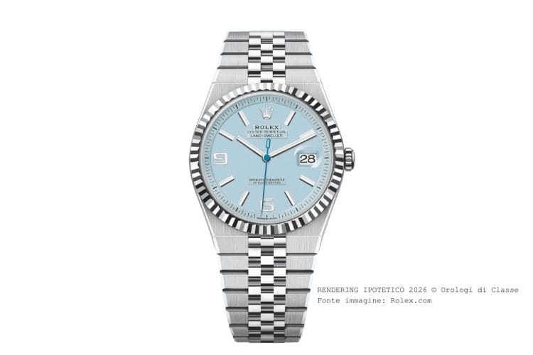 Rendering ipotetico Rolex Land-Dweller 2026 con quadrante minimalista azzurro soleillage, previsione Fase II Orologi di Classe.