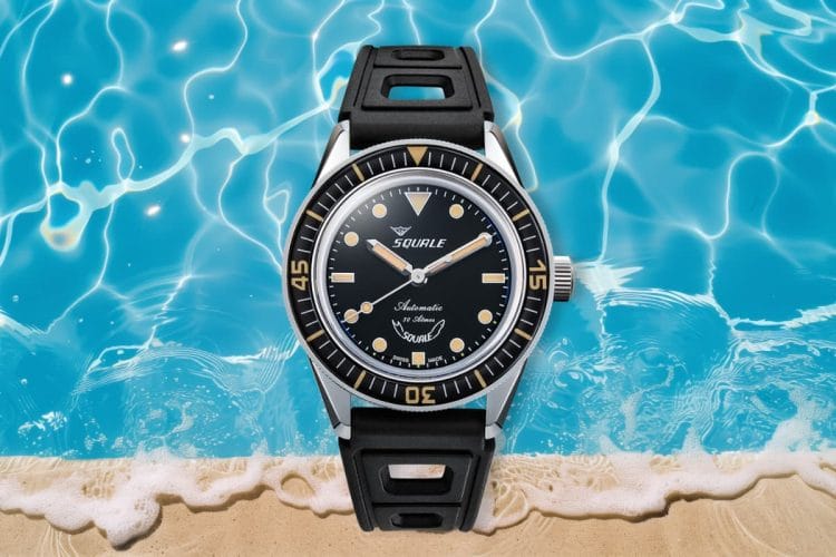 Squale Sub-37 Legend – Orologio subacqueo vintage-inspired 300 metri Squale Sub-37 Legend con quadrante nero e dettagli lume Old Radium su cinturino in gomma nera.