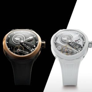 I due modelli finali del Greubel Forsey Balancier Convexe S² in ceramica nera e bianca, orologi in edizione limitata.