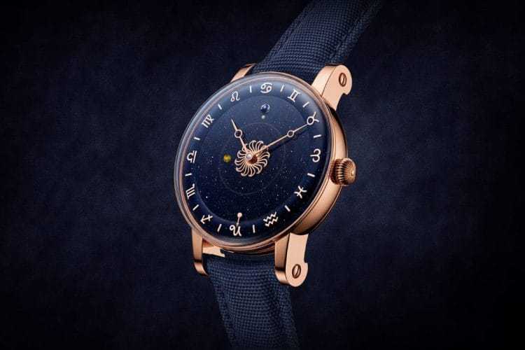 Christiaan Van Der Klaauw Venus Zodiac 2026: quadrante in aventurina blu con orbite di Venere, Terra e Luna su dischi concentrici, corona del sole scheletrata al centro, cassa in oro rosa con cinturino tessuto blu, presentato a Watches and Wonders 2026.