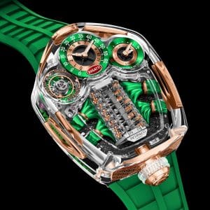 Jacob & Co. Bugatti Tourbillon Sapphire Crystal in versione verde con cassa in zaffiro trasparente, dettagli in oro rosa 18k e cinturino in gomma verde, V16 automaton e tourbillon visibili in primo piano.