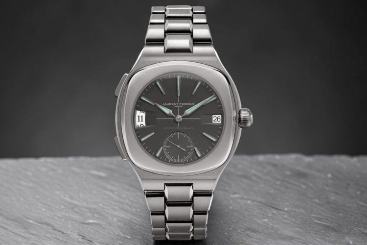 Laurent Ferrier Sport Traveller Slate Grey 2026: cassa e bracciale integrato in titanio da 42 mm, quadrante ardesia con lancette Super-LumiNova verde e piccoli secondi a ore 6, presentato a Watches and Wonders 2026.