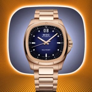 Mido Multifort TV Big Date ref. M049.526.33.041.00 in acciaio PVD color oro rosa con quadrante sfumato blu e bracciale integrato.