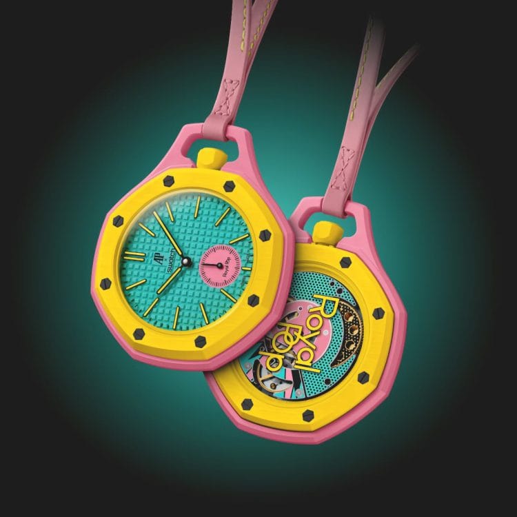Otg Roz – Versione Savonnette della collezione Royal Pop Audemars Piguet x Swatch Audemars Piguet x Swatch Royal Pop Otg Roz in Bioceramic rosa e giallo, versione Savonnette con quadrante verde acqua e piccoli secondi rosa.