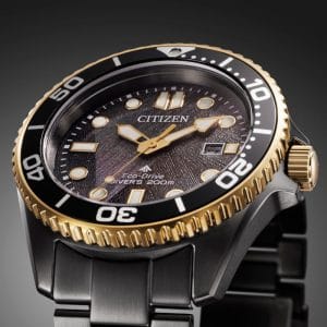 Citizen Eco-Drive 50th Anniversary Light in Black BN0264-53E con cassa grigio antracite, lunetta e dettagli oro giallo, quadrante nero con stampa multistrato.