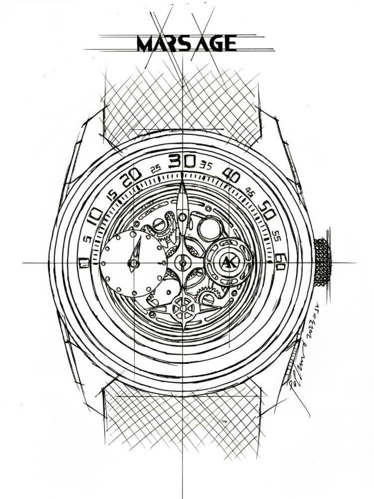 Atowak Mars Age - bozzetto del sistema di lettura dell'ora Schizzo tecnico originale del quadrante Atowak Mars Age con sistema orbitale.