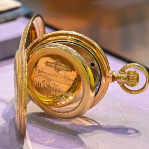Cronometro da tasca originale firmato M. Grossmann Dresden esposto alla mostra Grossmann200 al Museo Tedesco dell'Orologio di Glashütte.