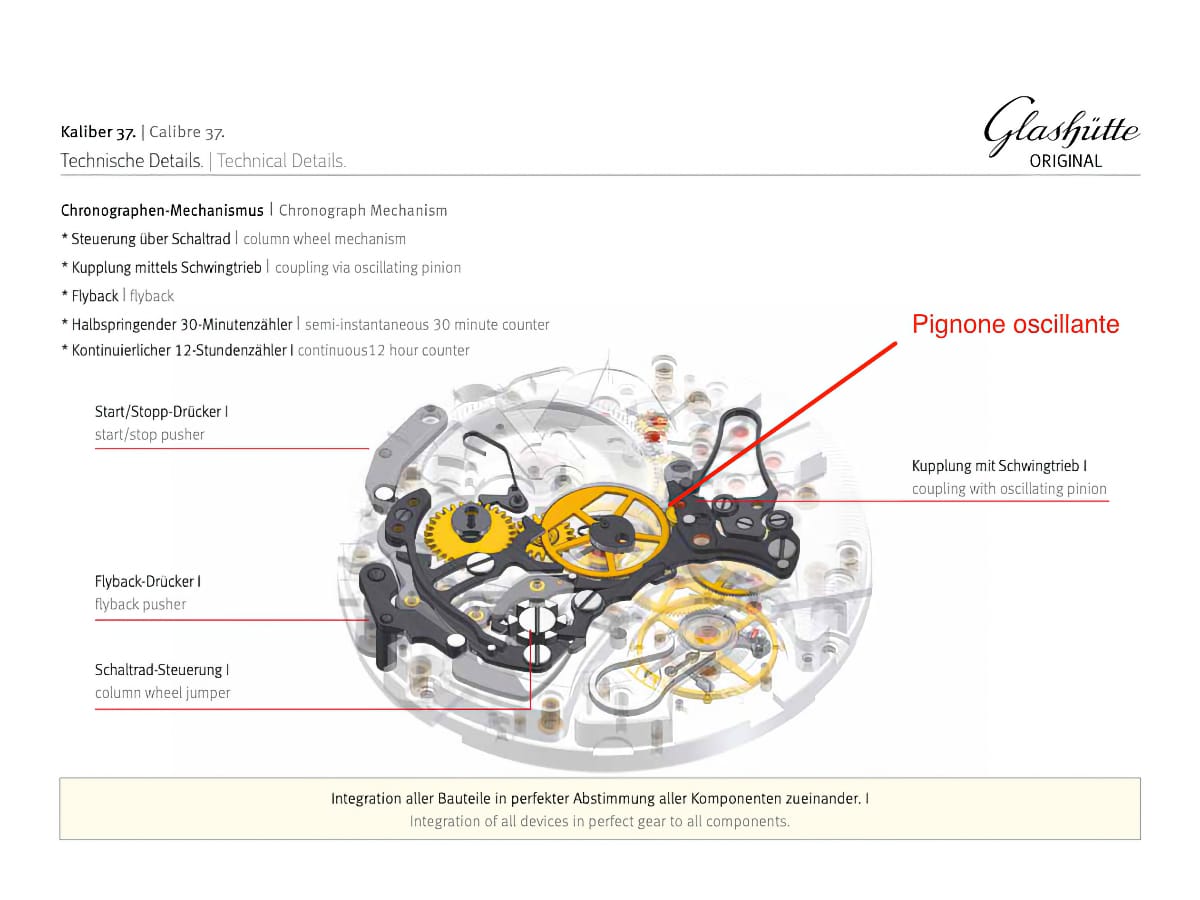 Schema tecnico del meccanismo cronografico del Calibro 37 di Glashütte Original con indicazione del pignone oscillante, della ruota a colonne e del pulsante flyback