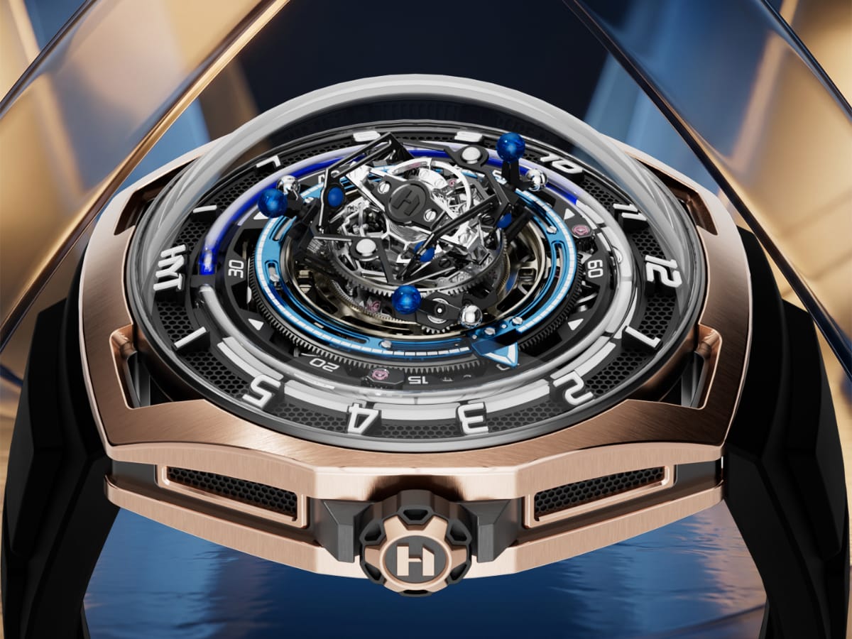 HYT Conical Tourbillon Midnight Blue - tourbillon conico e sfere blu HYT Conical Tourbillon Midnight Blue: le tre sfere blu in orbita attorno al tourbillon conico calibro 701-TC, vista dall'alto