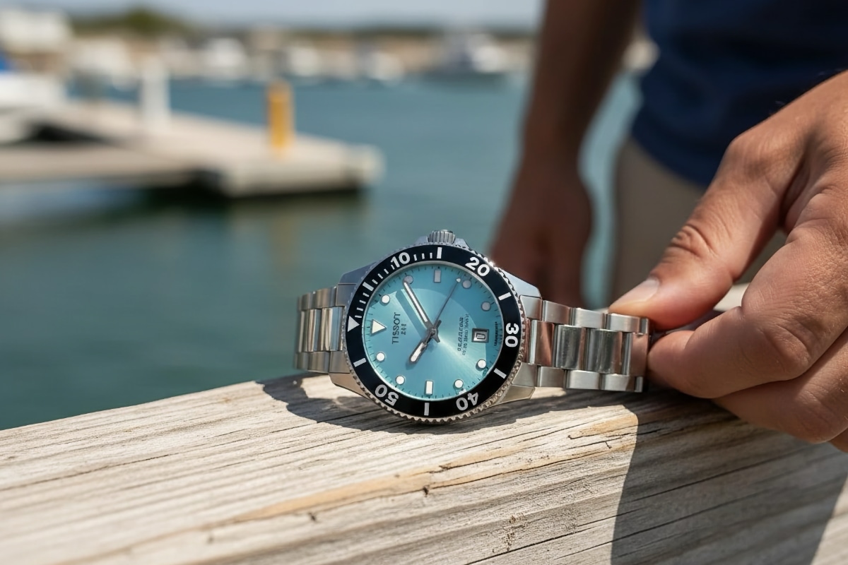 Tissot Seastar 1000 turchese appoggiato su una banchina con il porto sullo sfondo