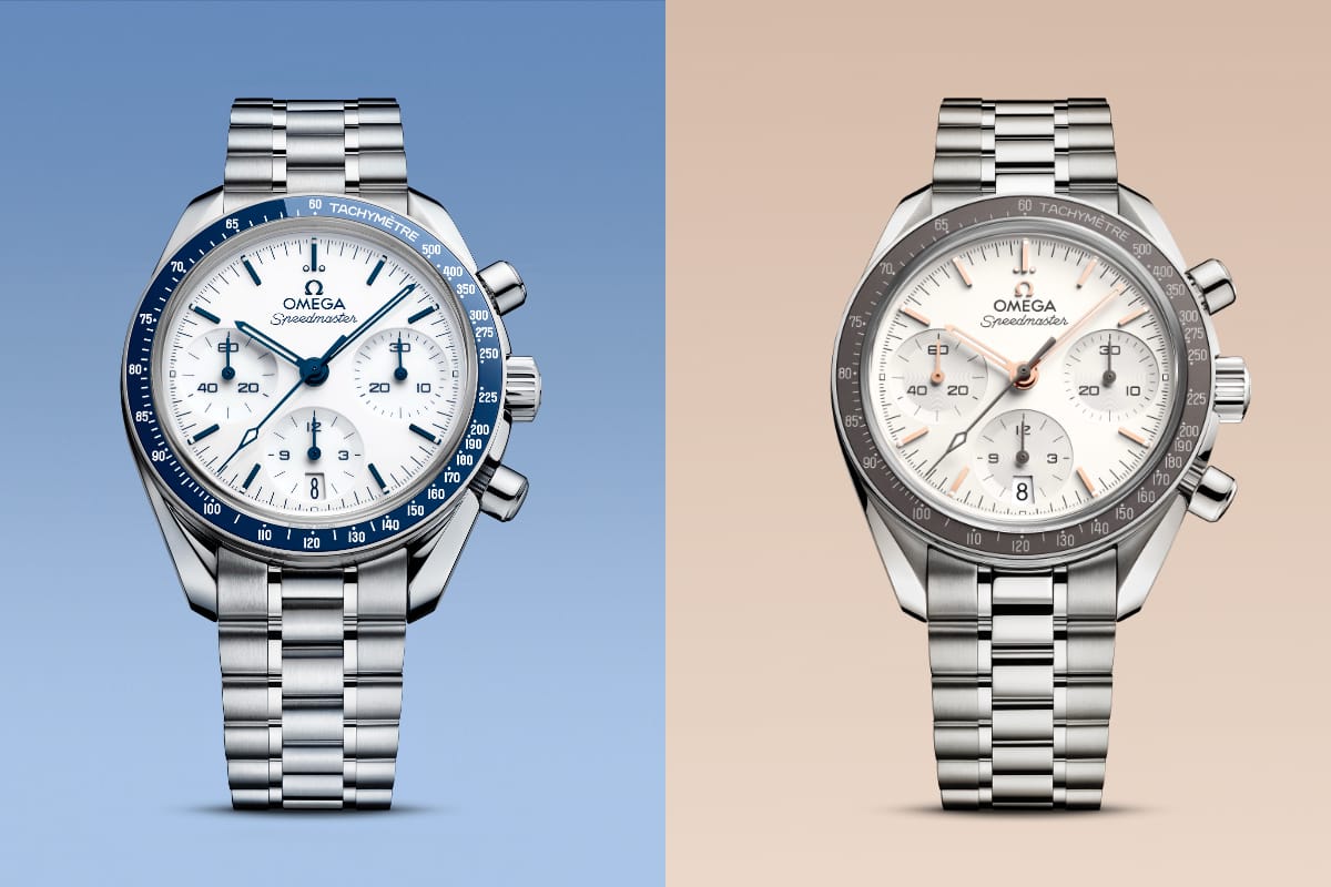 Omega Speedmaster 38 2026 con lunetta blu e dettagli blu accanto alla versione con lunetta marrone e dettagli in oro Sedna