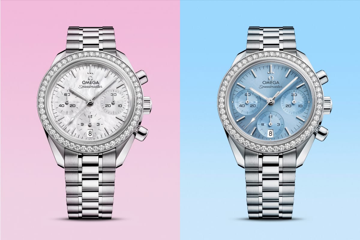 Omega Speedmaster 38 2026 con lunetta di diamanti, quadrante in madreperla bianca e PVD azzurro ghiaccio