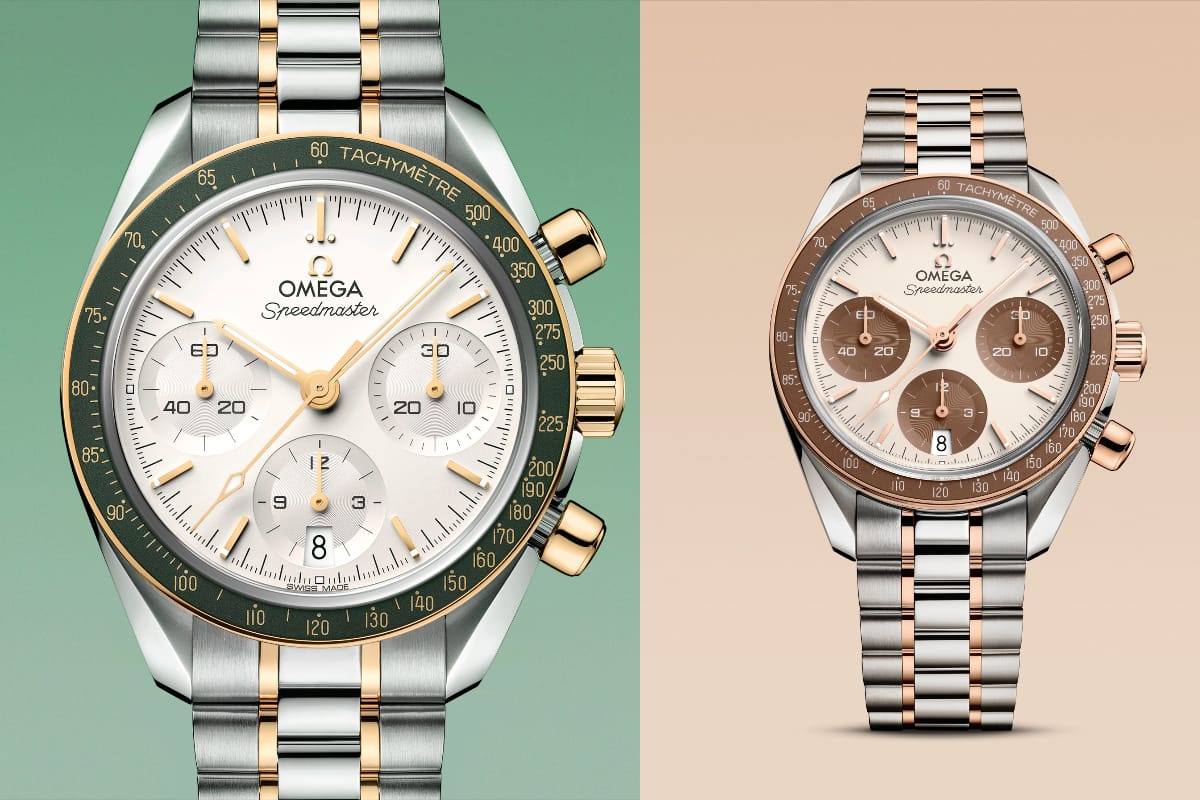 Omega Speedmaster 38 2026 bicolore in oro Moonshine con lunetta verde e in oro Sedna con quadrante cappuccino