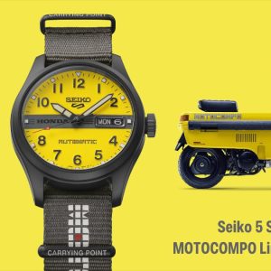 Seiko 5 Sports MOTOCOMPO Limited Edition con Honda MOTOCOMPO 1981 sfondo giallo.