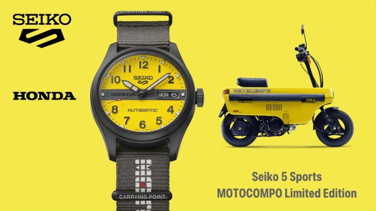 Seiko 5 Sports MOTOCOMPO Limited Edition con Honda MOTOCOMPO 1981 sfondo giallo.
