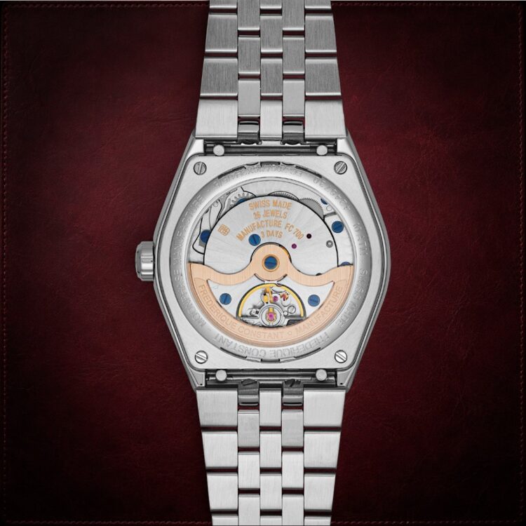 Calibro Frederique Constant FC-716 Calibro automatico di Manifattura FC-716 visibile dal fondello della Highlife Moonphase Date.