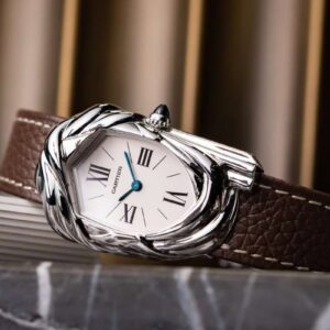 Cartier Cheich unico in oro bianco con cinturino marrone, venduto da Sotheby’s Hong Kong per 3,4 milioni di dollari.