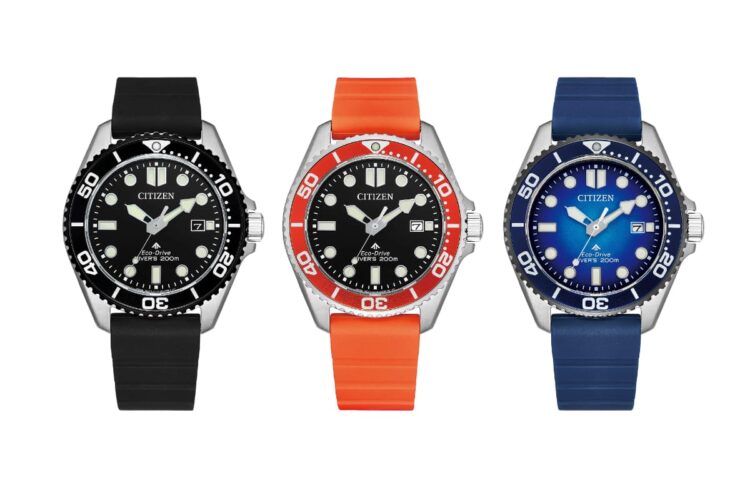 Tre Citizen Promaster Diver Eco-Drive 200 m nero arancione e blu.