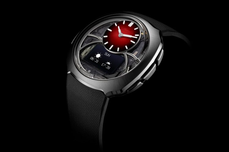 H. Moser & Cie. Off-Grid con quadrante rosso H. Moser & Cie. Off-Grid nero con quadrante rosso e display digitale.