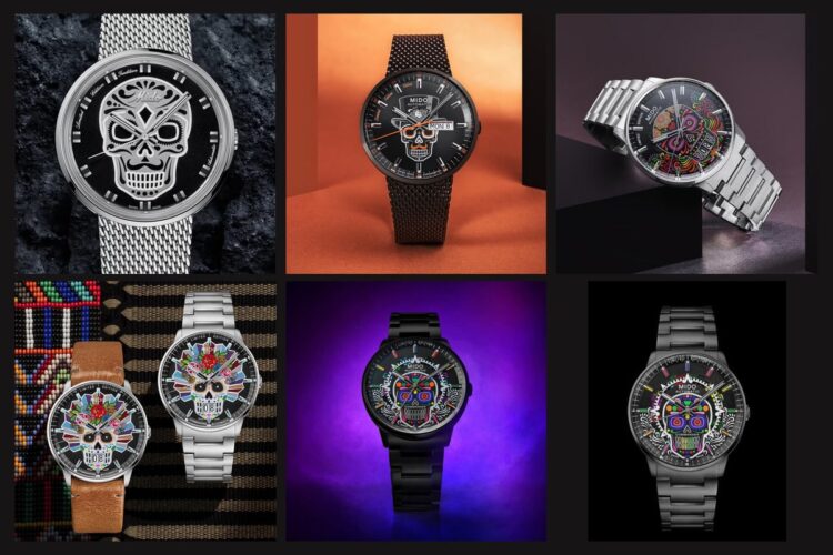 I precedenti Mido Día de los Muertos in un mosaico Mosaico di sei orologi Mido dedicati al Día de los Muertos, con quadranti decorati da calaveras.