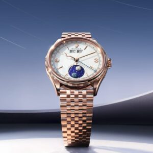 Rolex Perpetual Padellone 2026 in oro Everose con calendario annuale e fasi lunari.