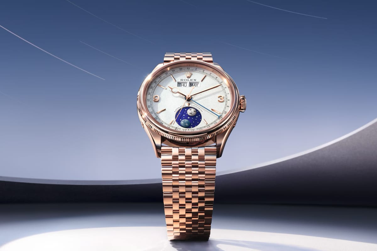 Rolex Perpetual Padellone 2026 in oro Everose con calendario annuale e fasi lunari.