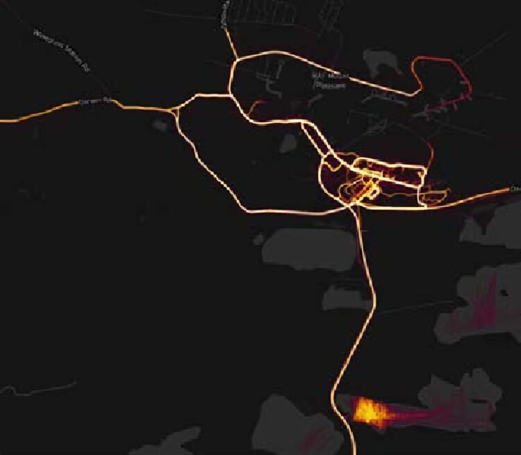 Strava Global Heatmap showing activity around RAF Mount Pleasant in the Falkland Islands.