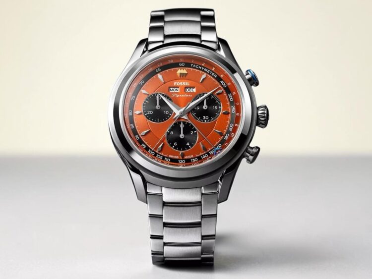 Fossil Signature CS-1 Sunset Orange FSI2001 – cronografo al quarzo svizzero Fossil Signature CS-1 Master Calendar Chronoquartz quadrante arancione bracciale acciaio tachimetro.