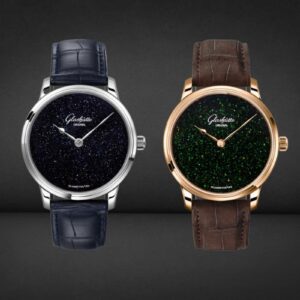 Glashütte Original Senator Aventurine Art Deco Blue in platino e Art Nouveau Green in oro rosso, quadranti in avventurina, 2026.