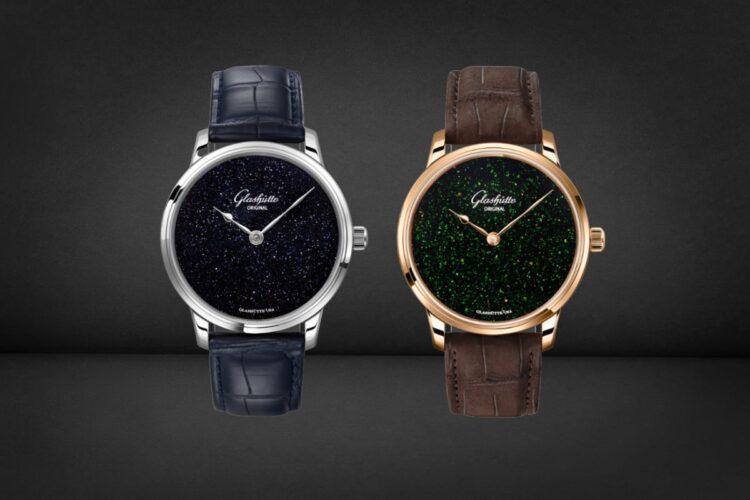 Glashütte Original Senator Aventurine Art Deco Blue in platino e Art Nouveau Green in oro rosso, quadranti in avventurina, 2026.