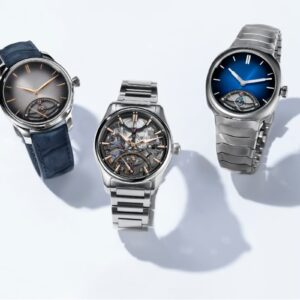 Da sinistra, H. Moser Endeavour con cinturino blu, Pioneer Skeleton e Streamliner con bracciali in acciaio, tutti con secondi retrogradi.