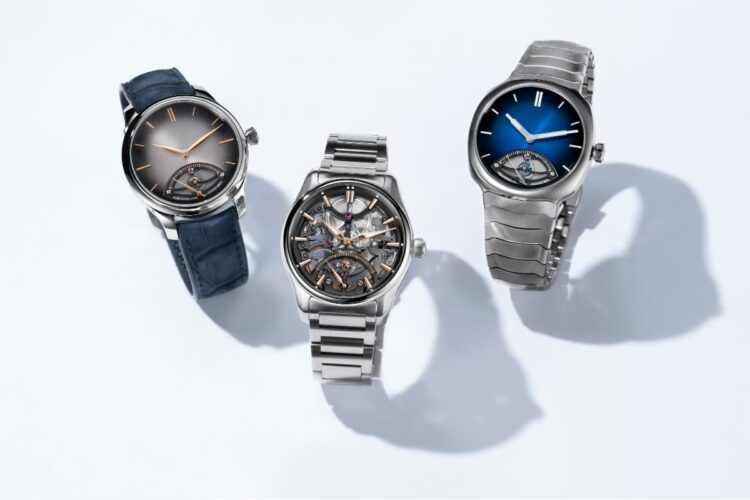 H. Moser: Pioneer, Streamliner ed Endeavour con secondi retrogradi Da sinistra, H. Moser Endeavour con cinturino blu, Pioneer Skeleton e Streamliner con bracciali in acciaio, tutti con secondi retrogradi.