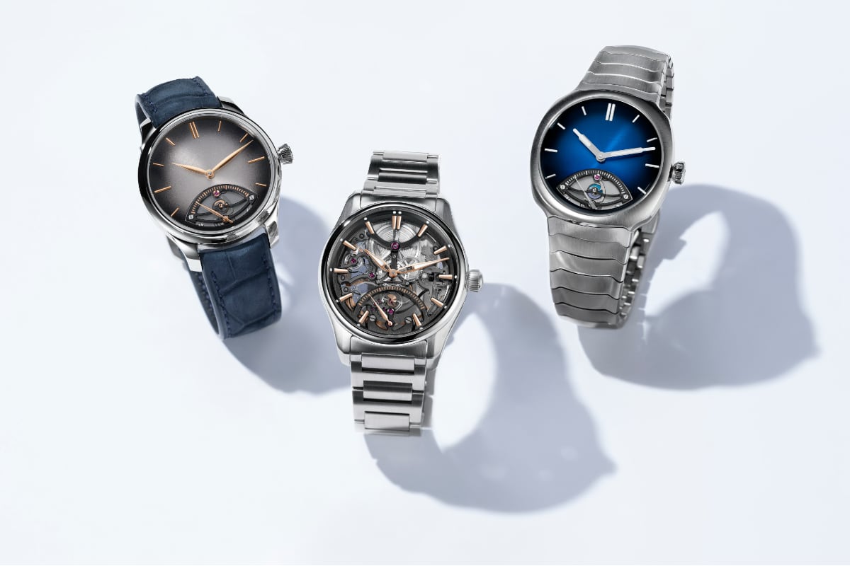Da sinistra, H. Moser Endeavour con cinturino blu, Pioneer Skeleton e Streamliner con bracciali in acciaio, tutti con secondi retrogradi.