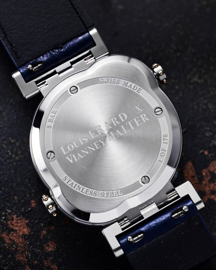 Louis Erard x Vianney Halter Futur Antérieur, fondello inciso numerato Fondello pieno in acciaio del Louis Erard x Vianney Halter Futur Antérieur con incisione “Louis Erard x Vianney Halter 1 of 178”, indicazione 5 bar e Swiss Made.