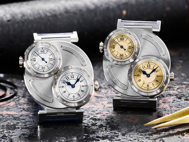 Louis Erard x Vianney Halter Futur Antérieur Gold e Silver Louis Erard x Vianney Halter Futur Antérieur Silver e Gold, vista frontale della coppia, con le differenze di quadrante e cinturino tra le due versioni.